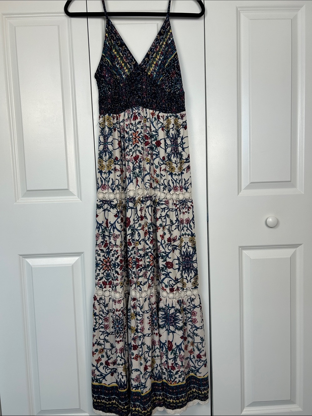 Angie Bohemian Maxi Dress with Navy Bodice and Floral Skirt Size Large